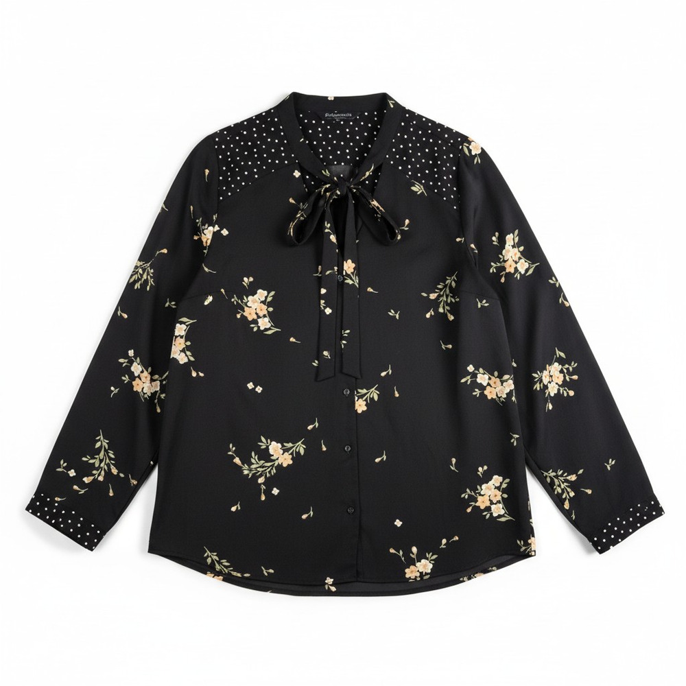 41 Hawthorn Floral and Polka Dot Tie Neck Blouse Top Black Plus Size 1X Fairy